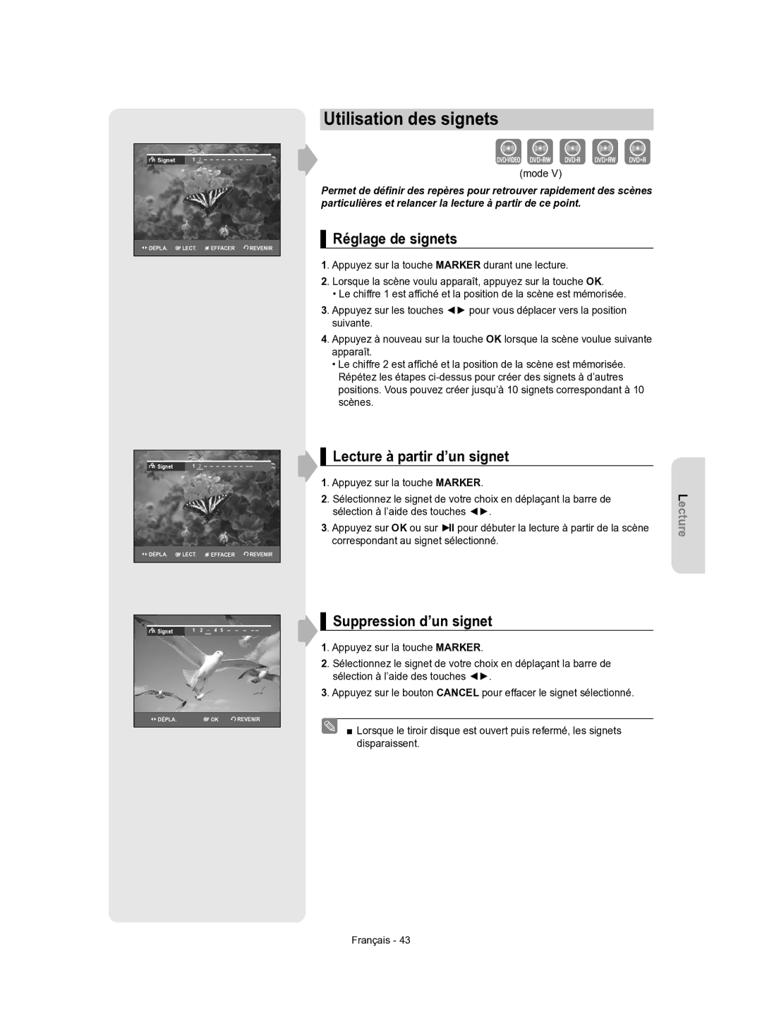 Samsung DVD-VR350/XEF Utilisation des signets, Réglage de signets, Lecture à partir d’un signet, Suppression d’un signet 