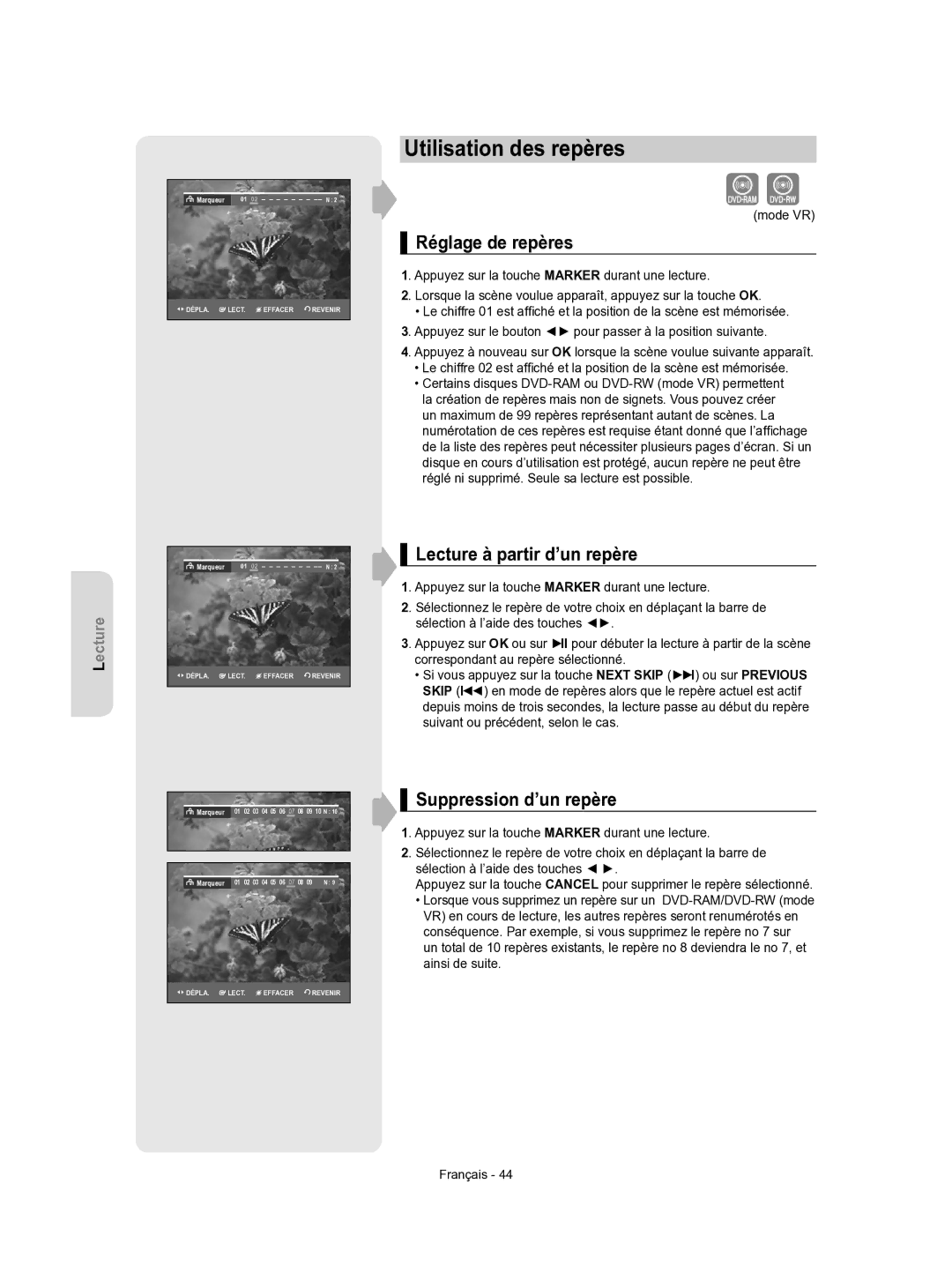 Samsung DVD-VR350/XEF Utilisation des repères, Réglage de repères, Lecture à partir d’un repère, Suppression d’un repère 