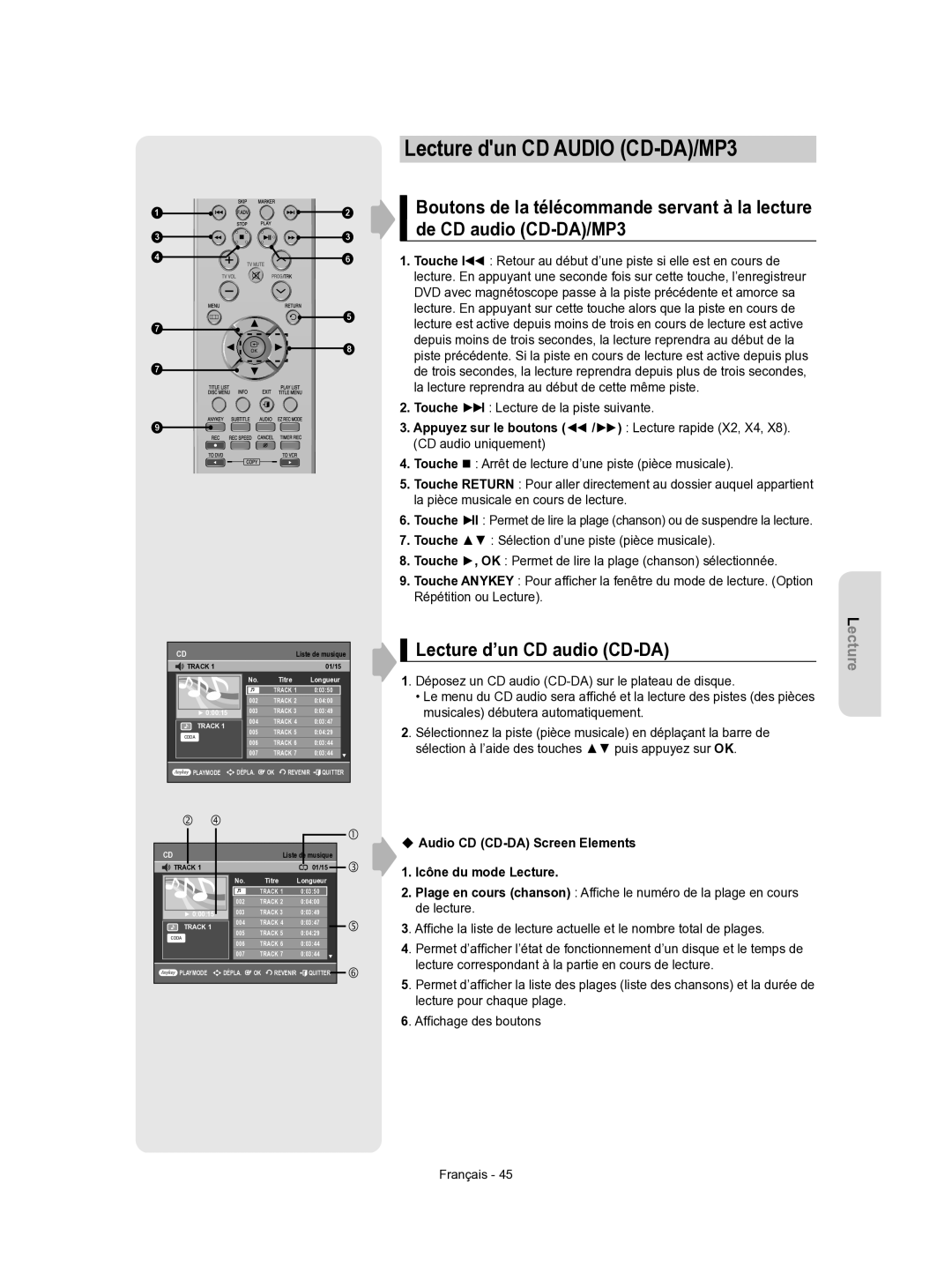 Samsung DVD-VR350/XEF Lecture dun CD Audio CD-DA/MP3, Lecture d’un CD audio CD-DA, Touche l Lecture de la piste suivante 