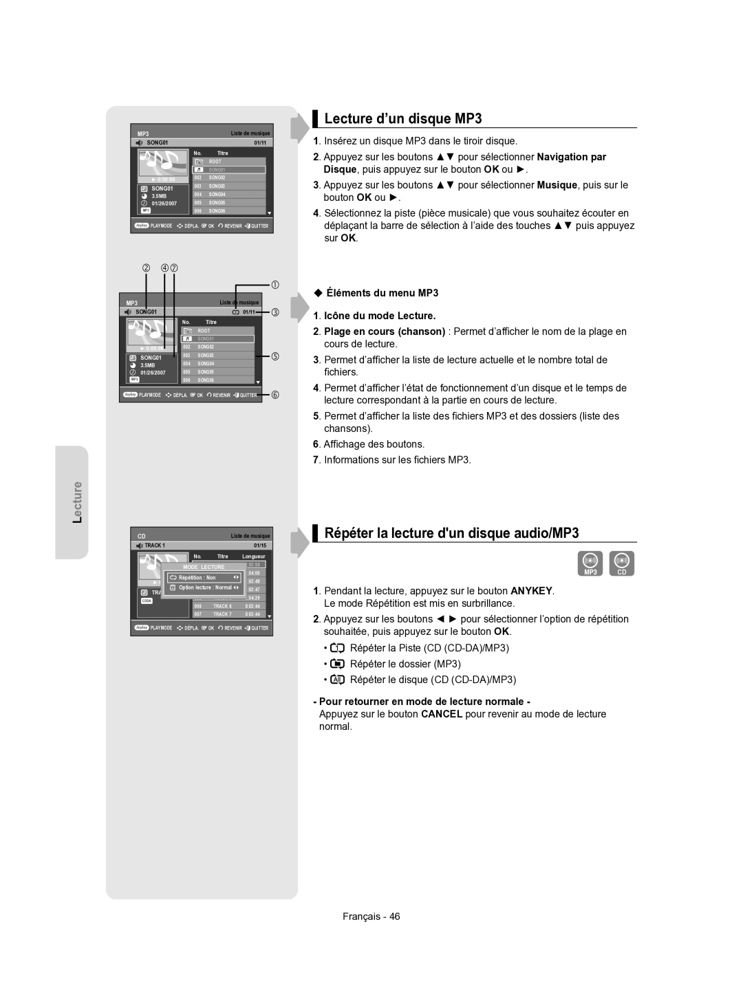 Samsung DVD-VR350/XEF manual Lecture d’un disque MP3, Répéter la lecture dun disque audio/MP3 