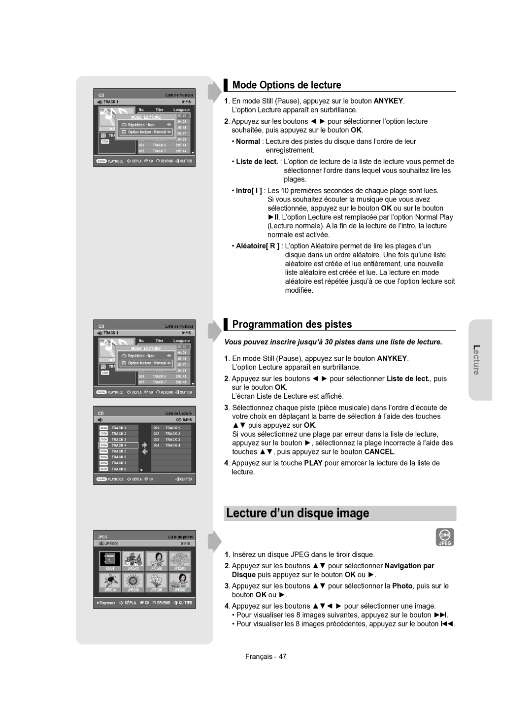 Samsung DVD-VR350/XEF manual Lecture d’un disque image, Mode Options de lecture, Programmation des pistes 