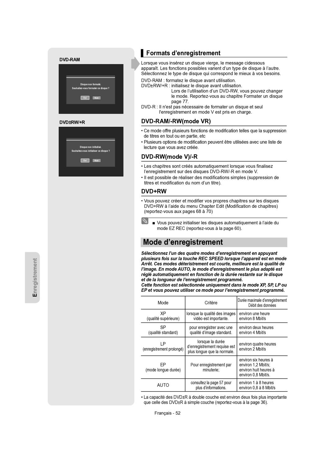 Samsung DVD-VR350/XEF manual Mode d’enregistrement, Formats d’enregistrement, DVD-RAM/-RWmode VR, DVD-RWmode V/-R 