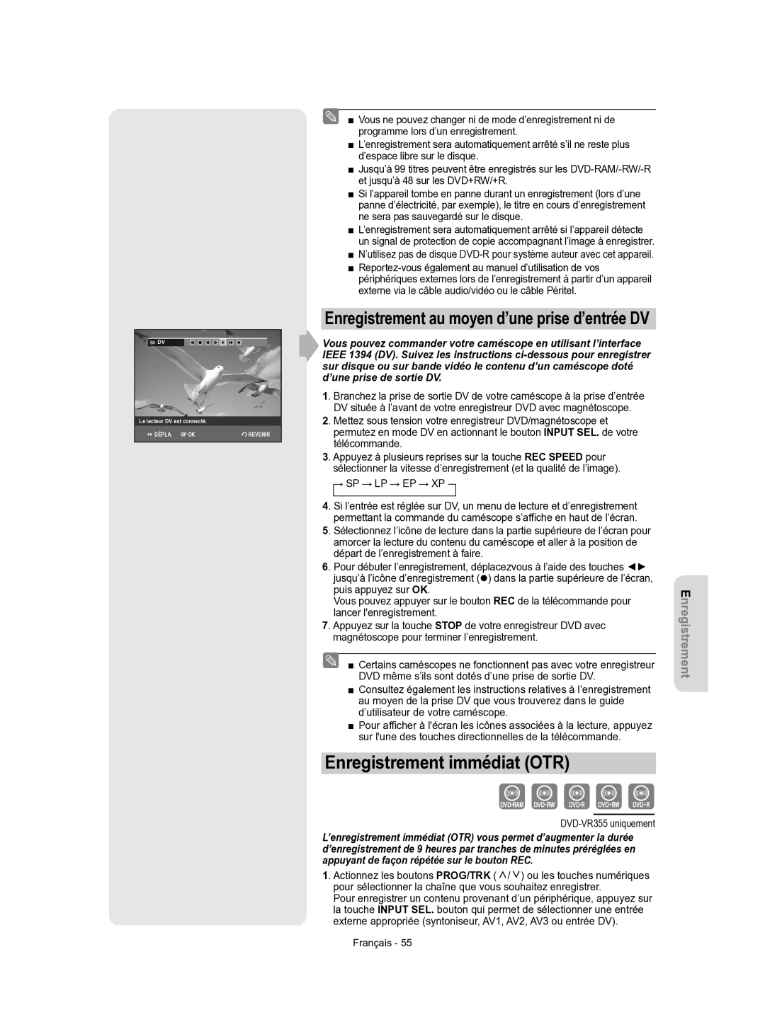 Samsung DVD-VR350/XEF manual Enregistrement immédiat OTR, Enregistrement au moyen d’une prise d’entrée DV 