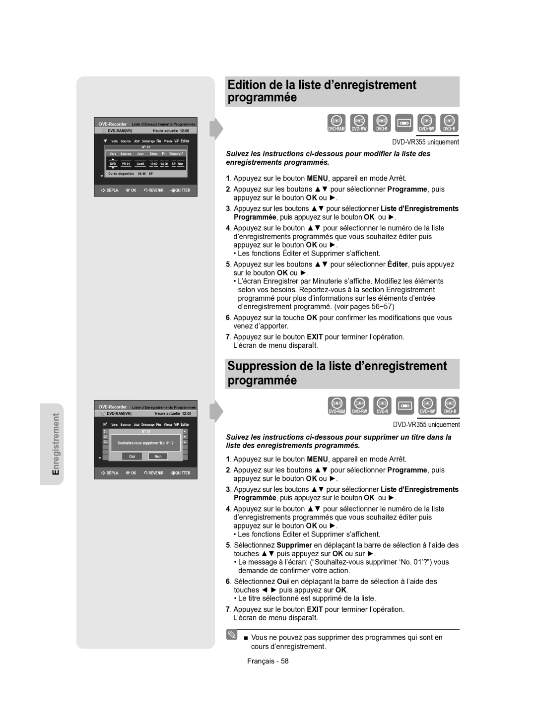 Samsung DVD-VR350/XEF Edition de la liste d’enregistrement programmée, Suppression de la liste d’enregistrement programmée 