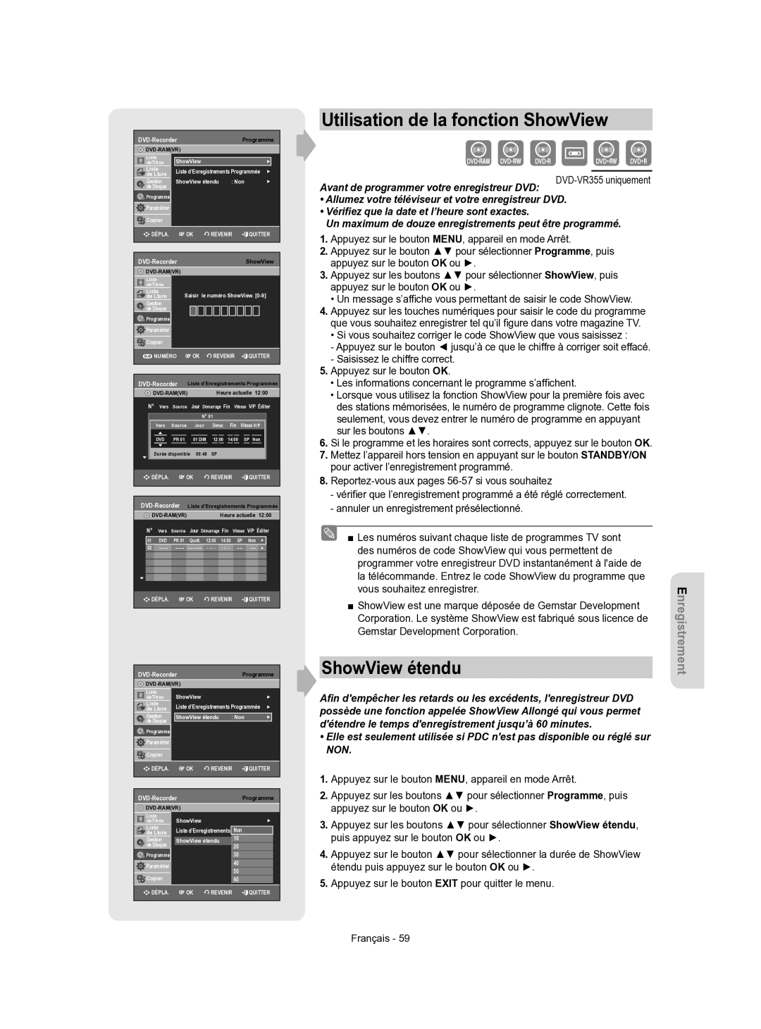 Samsung DVD-VR350/XEF manual Utilisation de la fonction ShowView, ShowView étendu 