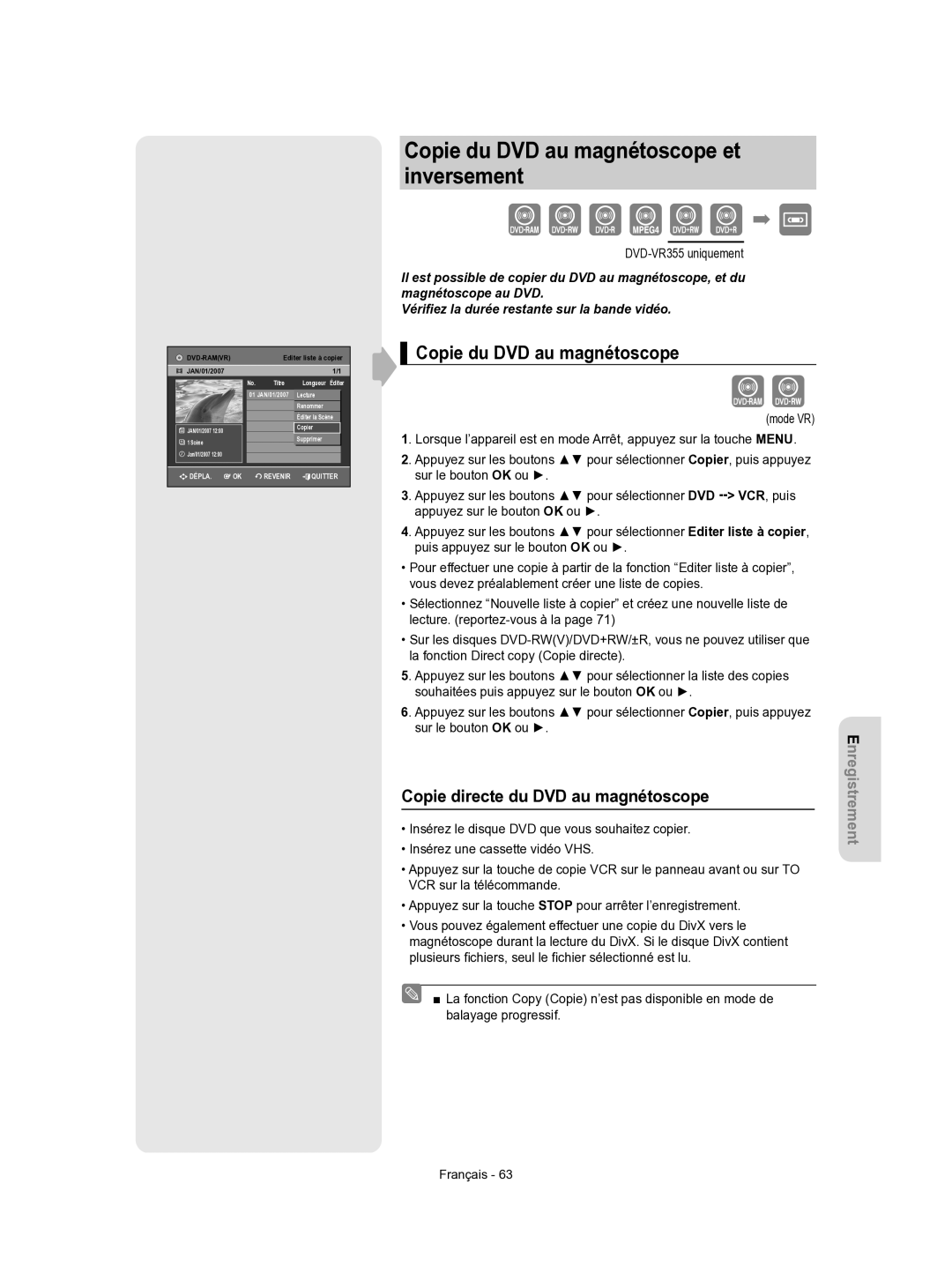 Samsung DVD-VR350/XEF manual Copie du DVD au magnétoscope et inversement, Copie directe du DVD au magnétoscope 