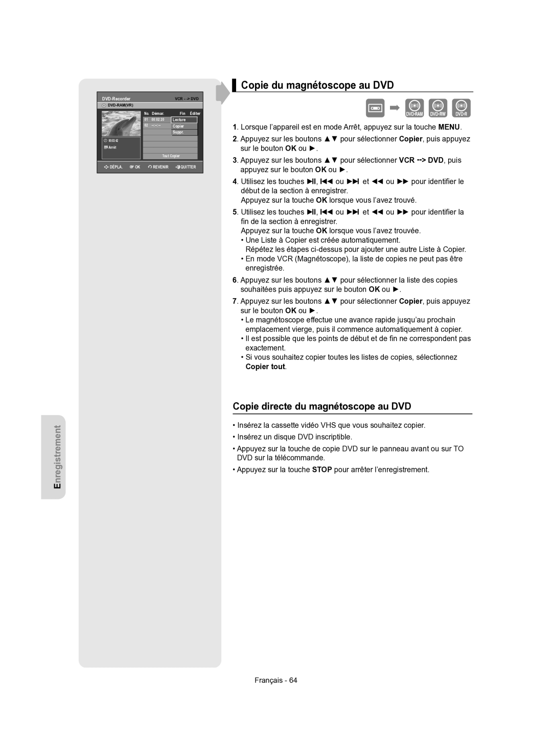 Samsung DVD-VR350/XEF manual Copie du magnétoscope au DVD, Copie directe du magnétoscope au DVD 