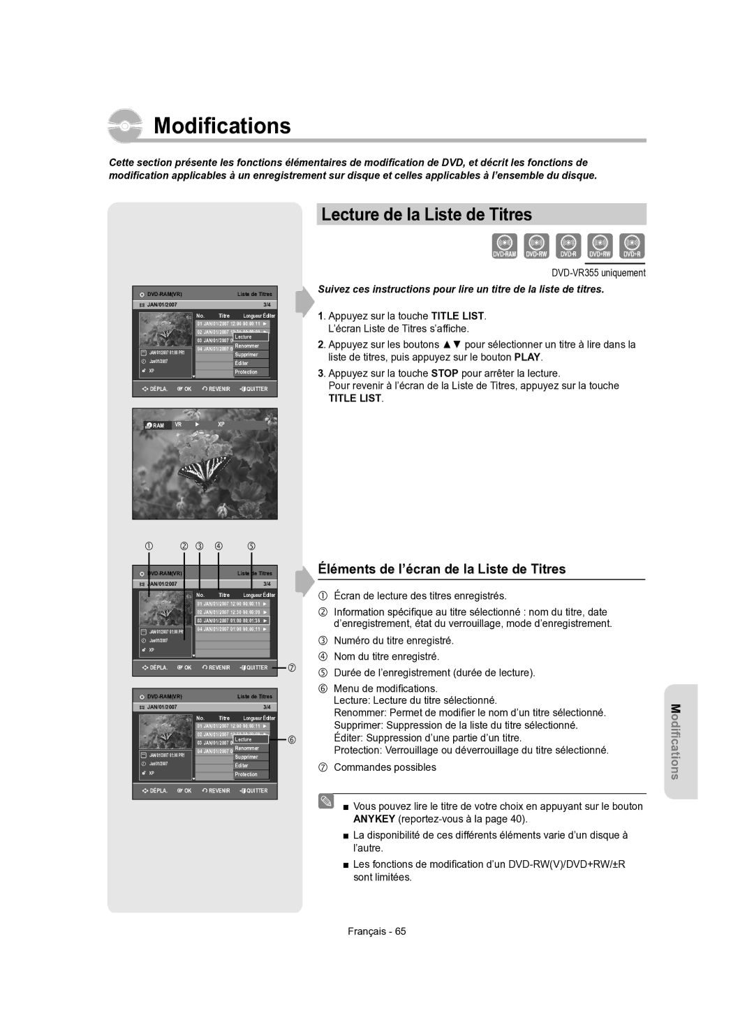 Samsung DVD-VR350/XEF manual Lecture de la Liste de Titres, Éléments de l’écran de la Liste de Titres 