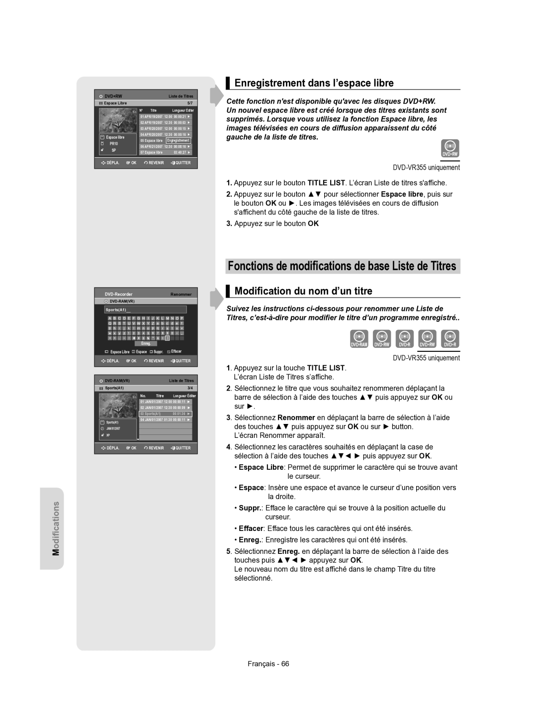 Samsung DVD-VR350/XEF manual Enregistrement dans l’espace libre, Modiﬁcation du nom d’un titre 