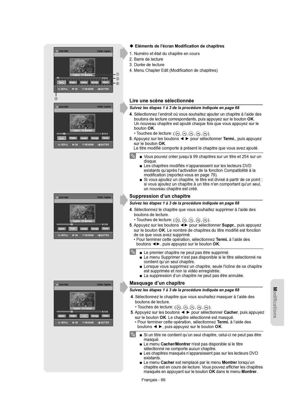 Samsung DVD-VR350/XEF manual Lire une scène sélectionnée, Suppression d’un chapitre, Masquage d’un chapitre 