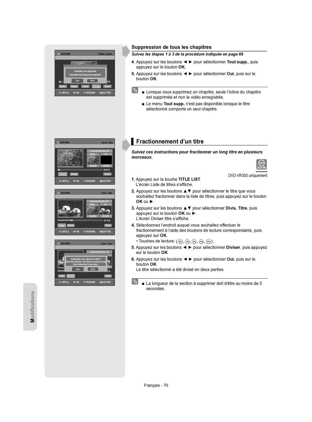 Samsung DVD-VR350/XEF manual Fractionnement d’un titre, Suppression de tous les chapitres 