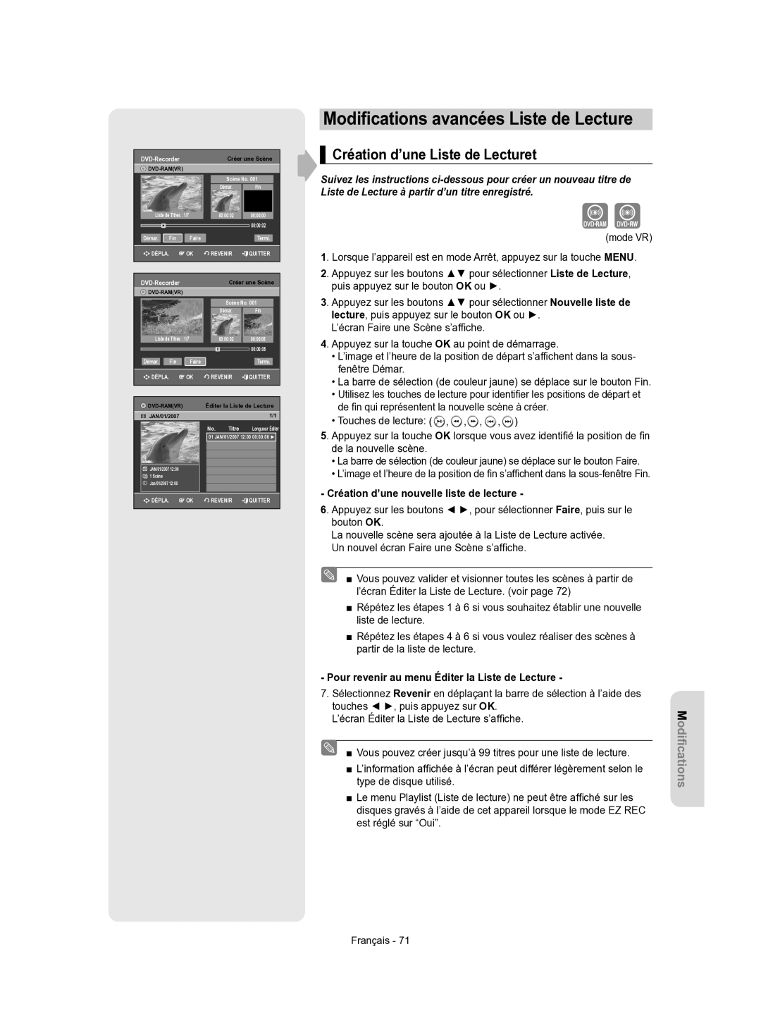 Samsung DVD-VR350/XEF manual Modiﬁcations avancées Liste de Lecture, Création d’une Liste de Lecturet 