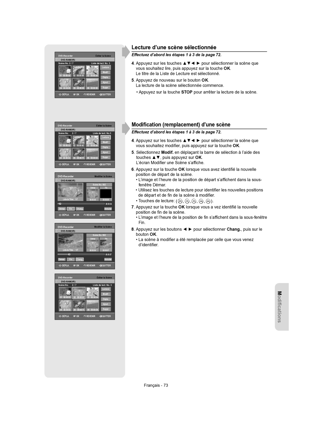 Samsung DVD-VR350/XEF manual Lecture d’une scène sélectionnée, Modiﬁcation remplacement d’une scène 