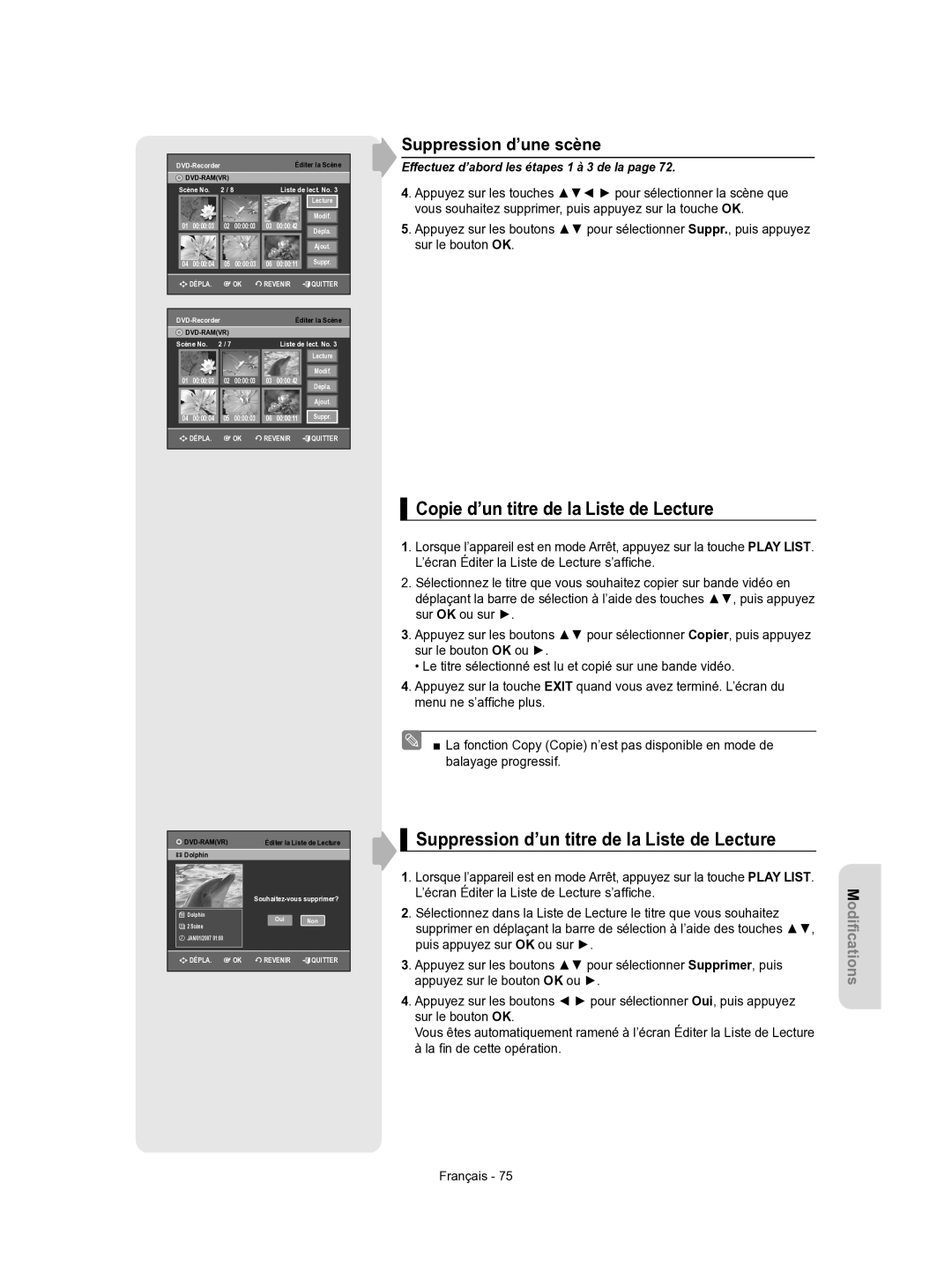 Samsung DVD-VR350/XEF manual Copie d’un titre de la Liste de Lecture, Suppression d’un titre de la Liste de Lecture 