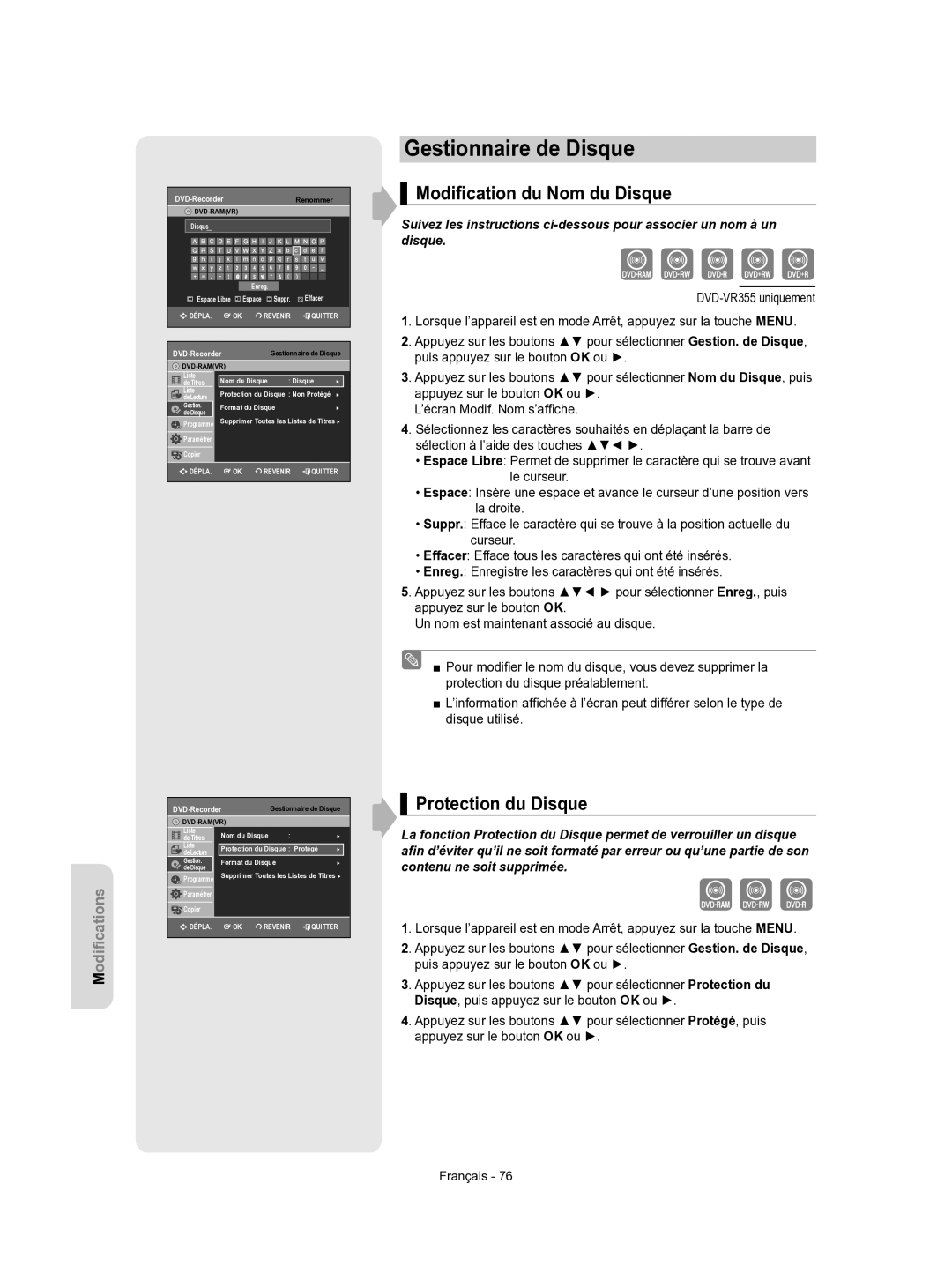 Samsung DVD-VR350/XEF manual Gestionnaire de Disque, Modiﬁcation du Nom du Disque, Protection du Disque 