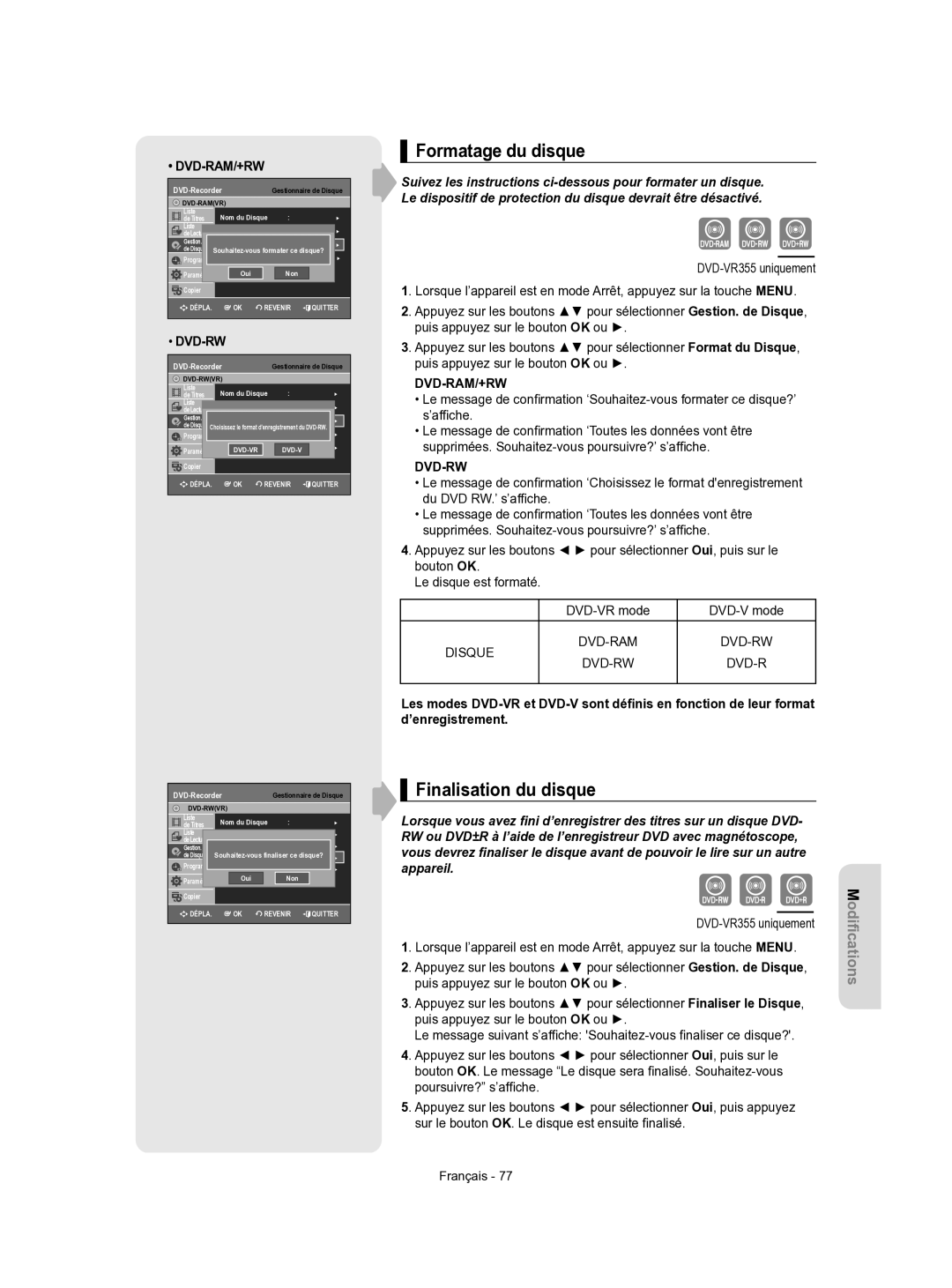 Samsung DVD-VR350/XEF manual Formatage du disque, Finalisation du disque, Disque DVD-RAM DVD-RW 