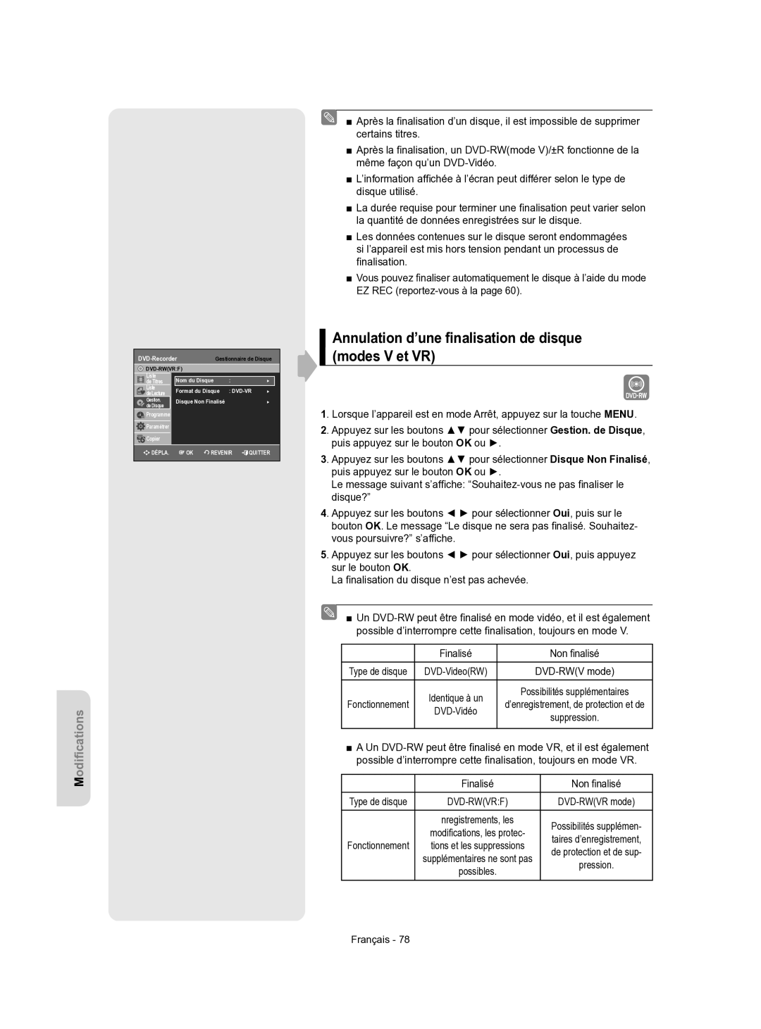 Samsung DVD-VR350/XEF manual Annulation d’une ﬁnalisation de disque Modes V et VR, DVD-RWV mode 