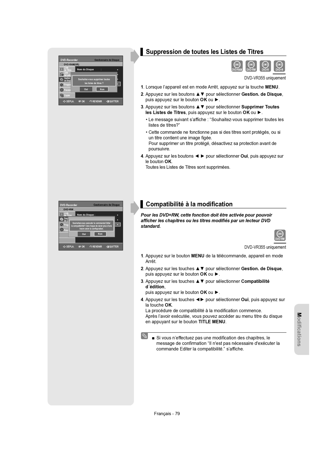 Samsung DVD-VR350/XEF manual Suppression de toutes les Listes de Titres, Compatibilité à la modiﬁcation 