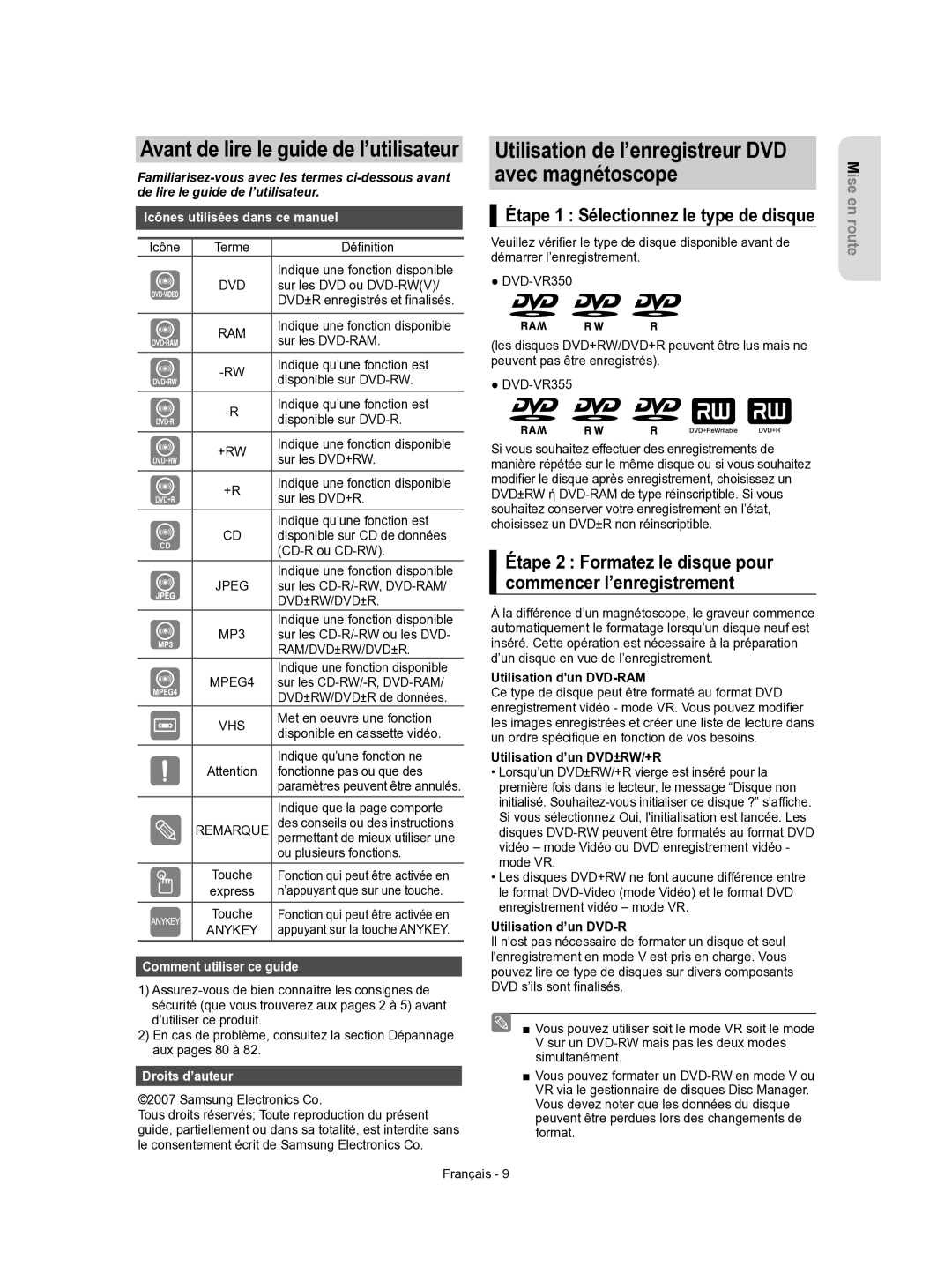 Samsung DVD-VR350/XEF manual Utilisation de l’enregistreur DVD avec magnétoscope, Étape 1 Sélectionnez le type de disque 