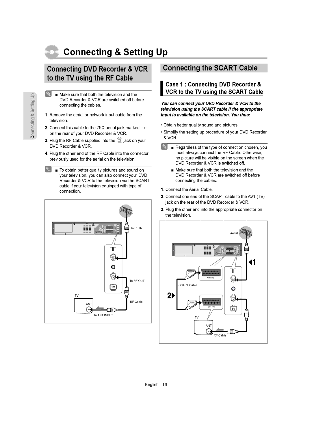 Samsung DVD-VR350/XEH manual Connecting the Scart Cable, Connecting DVD Recorder & VCR to the TV using the RF Cable 