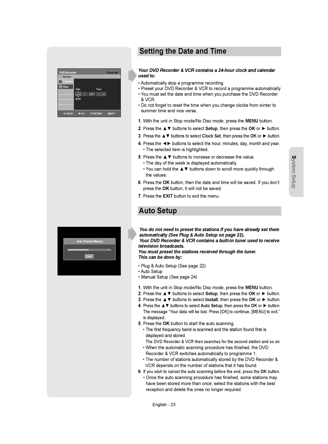 Samsung DVD-VR350/XEH manual Setting the Date and Time, Auto Setup 