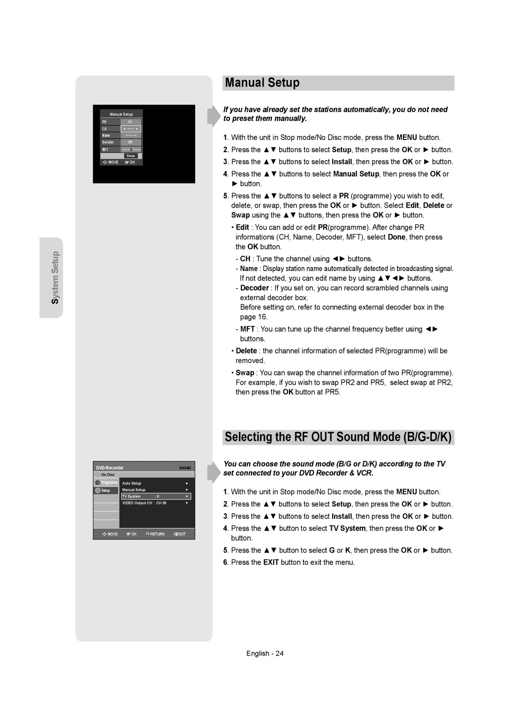 Samsung DVD-VR350/XEH manual Manual Setup, Selecting the RF OUT Sound Mode B/G-D/K 