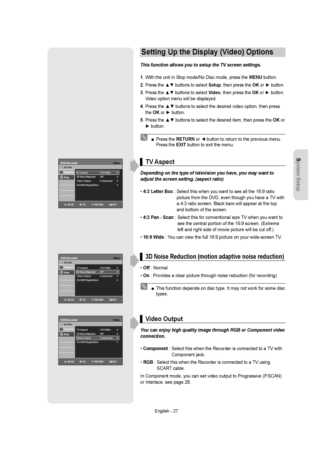 Samsung DVD-VR350/XEH manual Setting Up the Display Video Options, TV Aspect, Video Output 