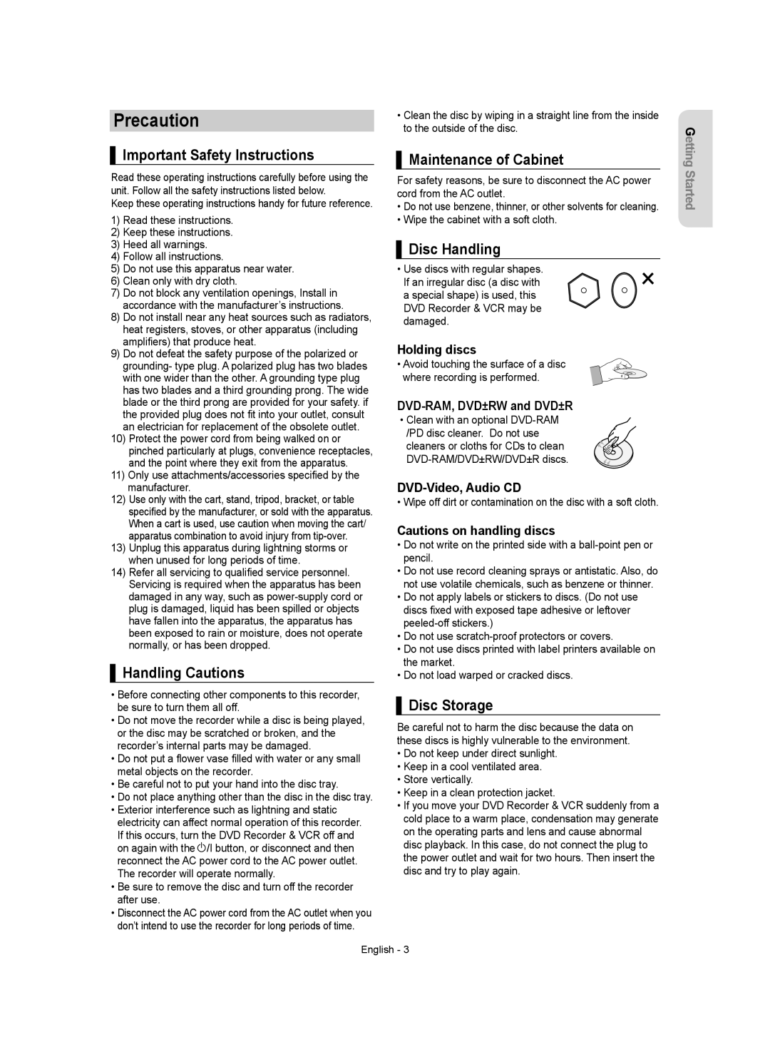 Samsung DVD-VR350/XEH manual Precaution 