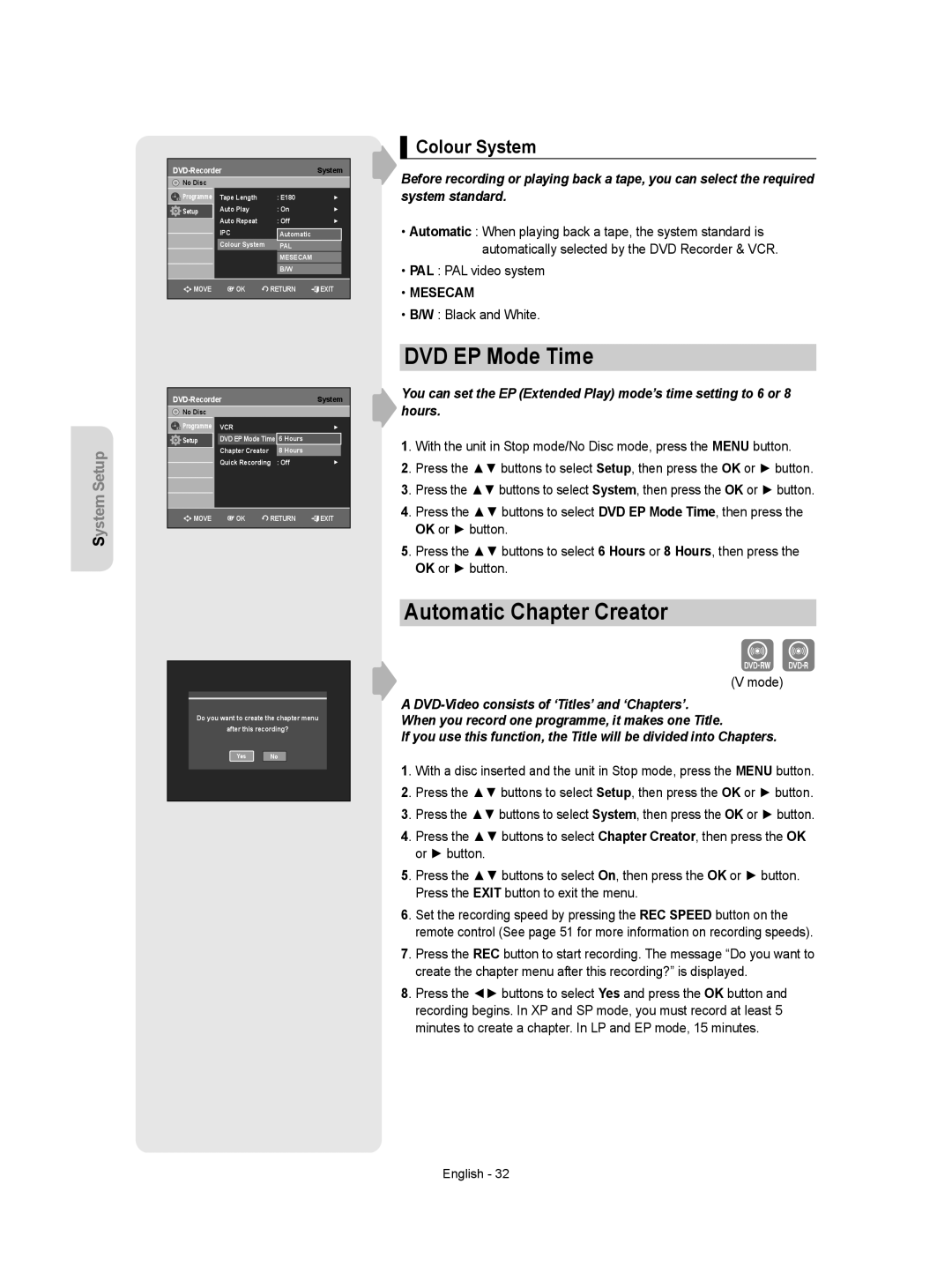 Samsung DVD-VR350/XEH manual DVD EP Mode Time, Automatic Chapter Creator, Colour System, Black and White 