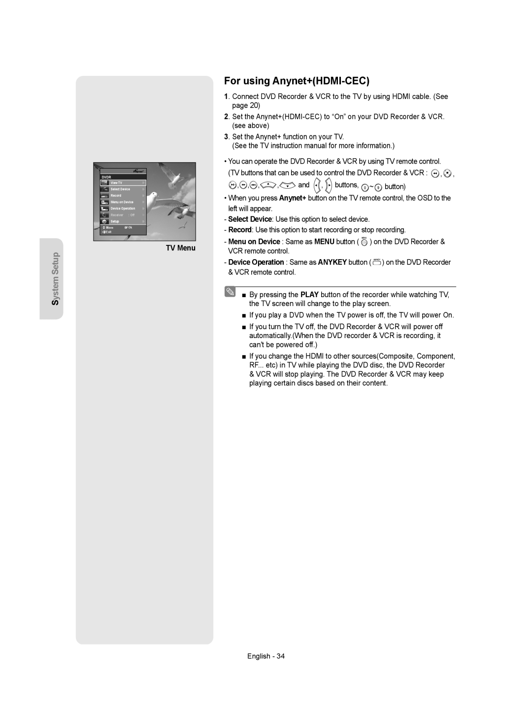 Samsung DVD-VR350/XEH manual For using Anynet+HDMI-CEC, TV Menu 