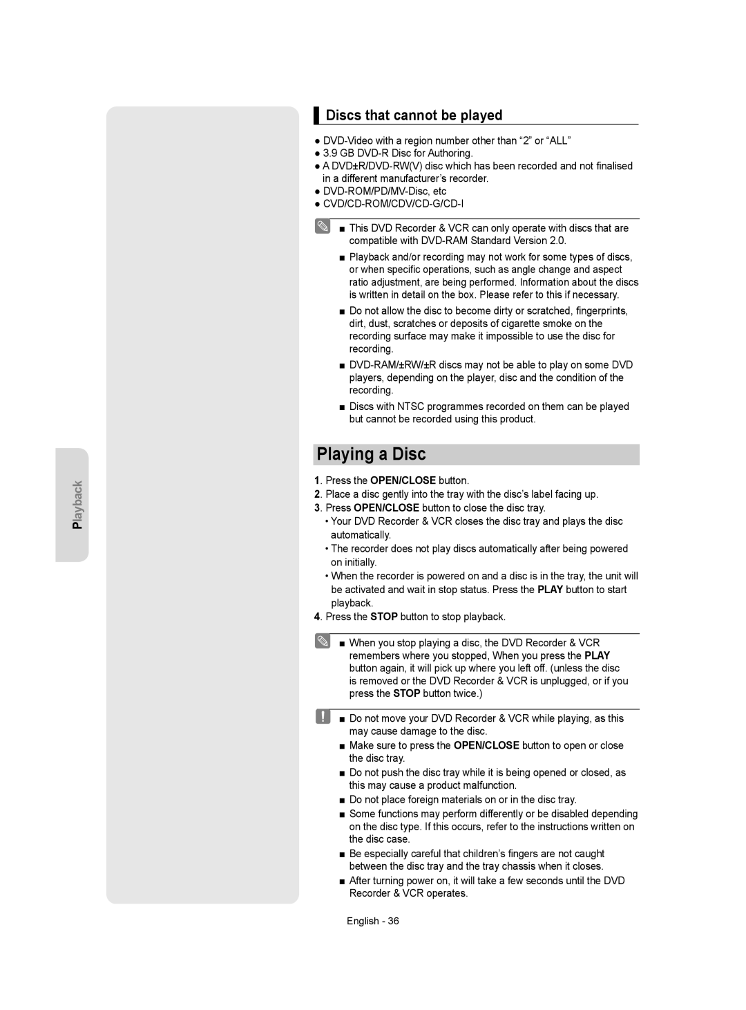 Samsung DVD-VR350/XEH manual Playing a Disc, Discs that cannot be played, Cvd/Cd-Rom/Cdv/Cd-G/Cd-I 