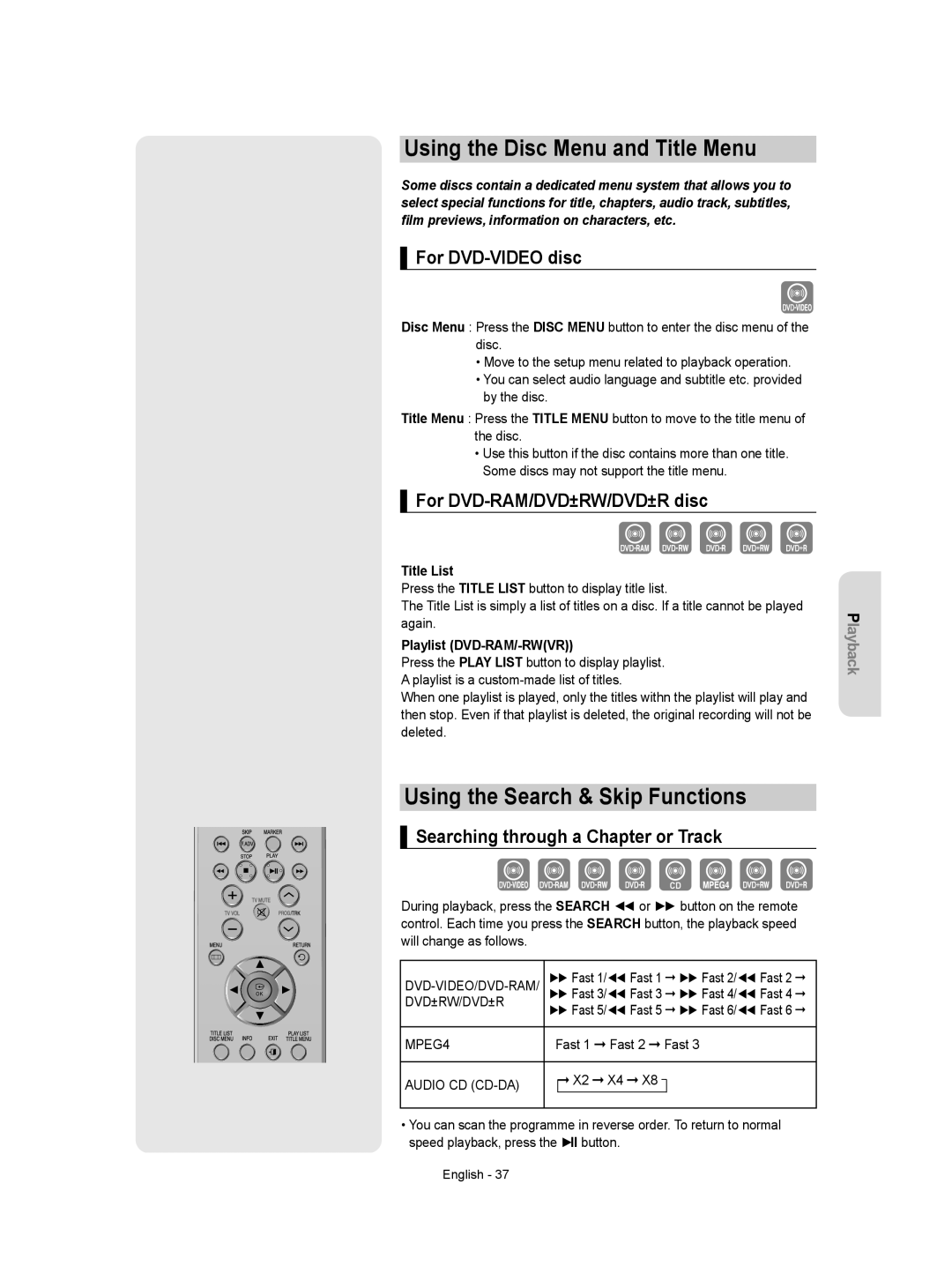 Samsung DVD-VR350/XEH manual Using the Disc Menu and Title Menu, Using the Search & Skip Functions, For DVD-VIDEO disc 