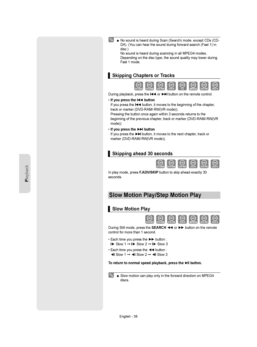 Samsung DVD-VR350/XEH manual Slow Motion Play/Step Motion Play, Skipping Chapters or Tracks, Skipping ahead 30 seconds 