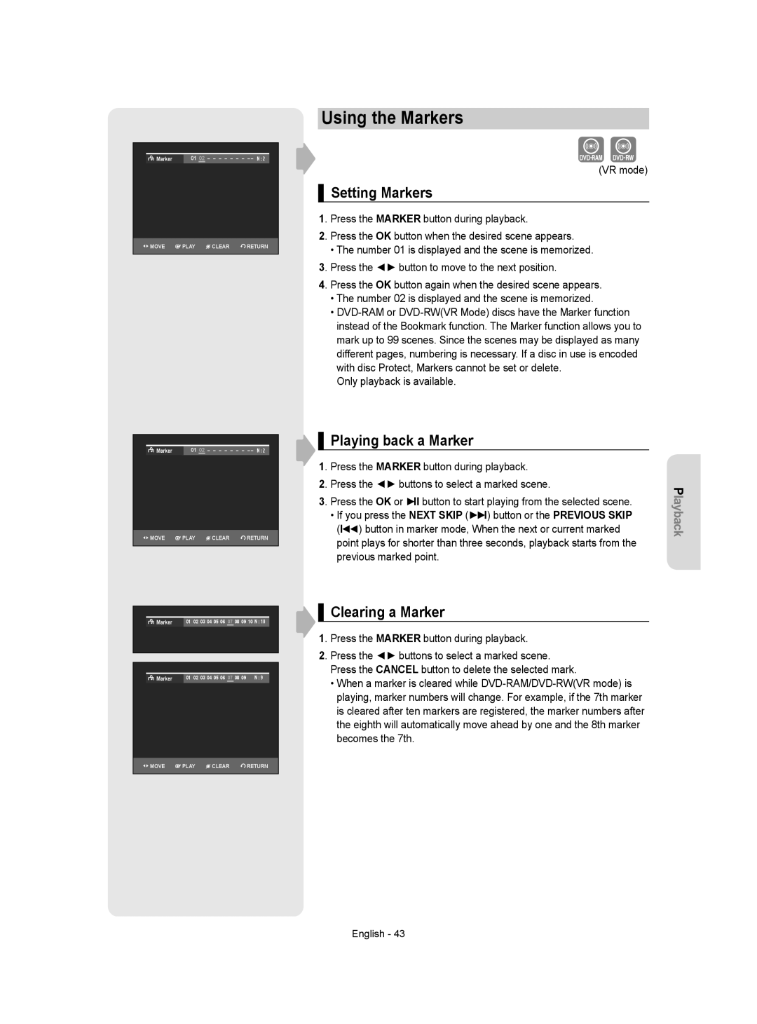 Samsung DVD-VR350/XEH manual Using the Markers, Setting Markers, Playing back a Marker, Clearing a Marker, VR mode 