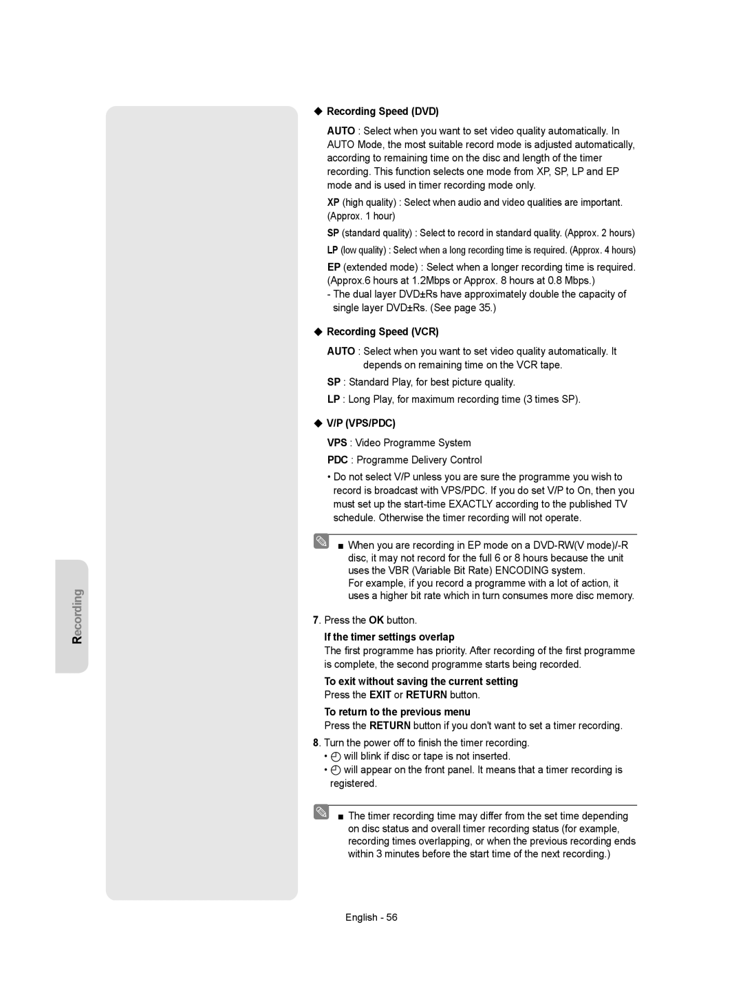 Samsung DVD-VR350/XEH manual ‹ Recording Speed DVD, ‹ Recording Speed VCR, If the timer settings overlap 