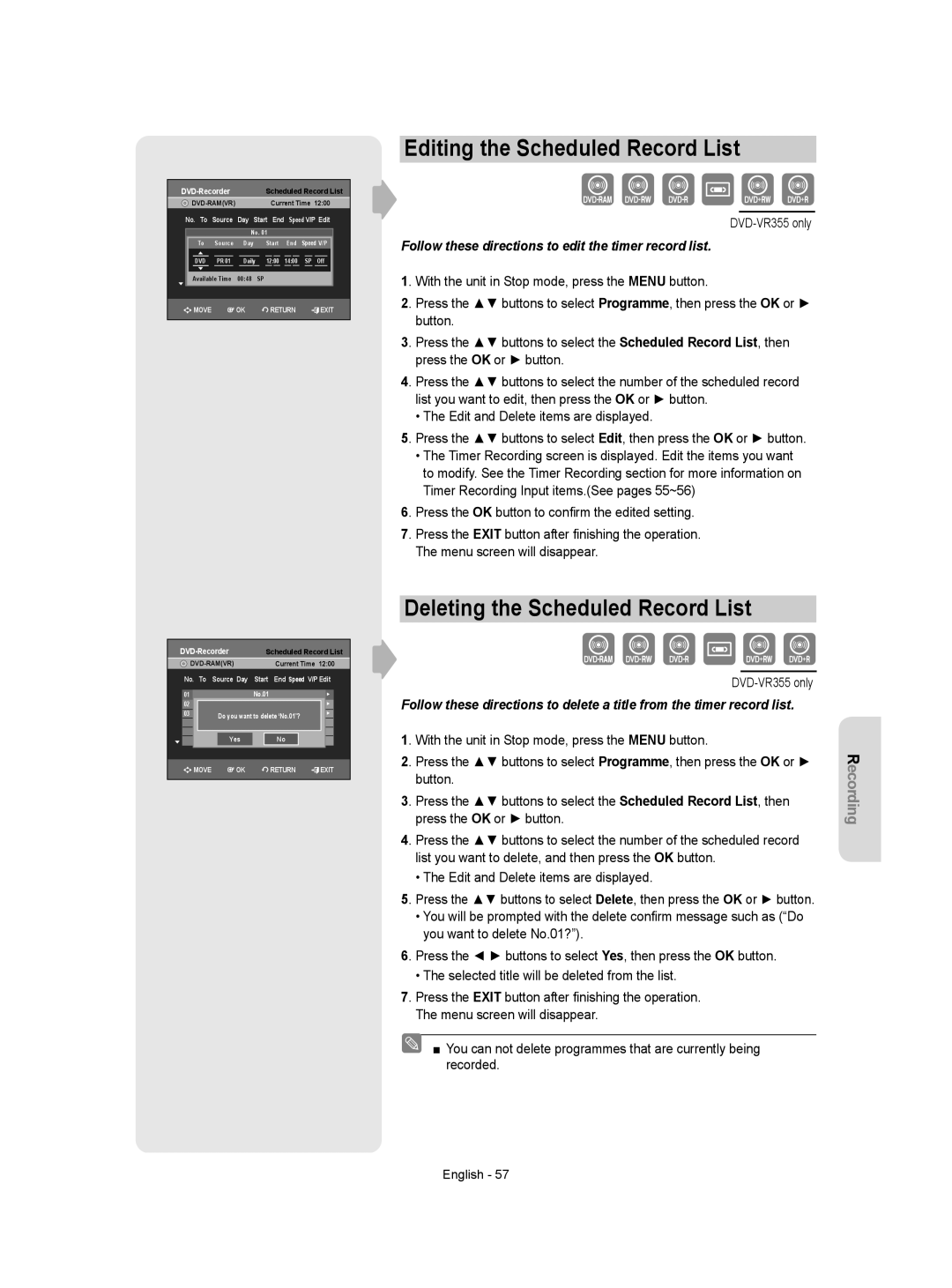 Samsung DVD-VR350/XEH manual Editing the Scheduled Record List, Deleting the Scheduled Record List 