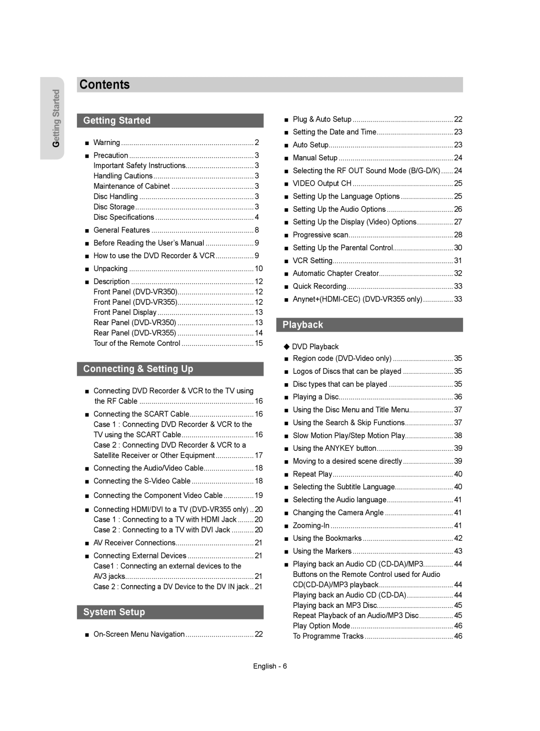 Samsung DVD-VR350/XEH manual Contents 