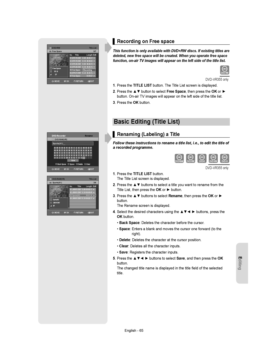 Samsung DVD-VR350/XEH manual Basic Editing Title List, Recording on Free space, Renaming Labeling a Title 