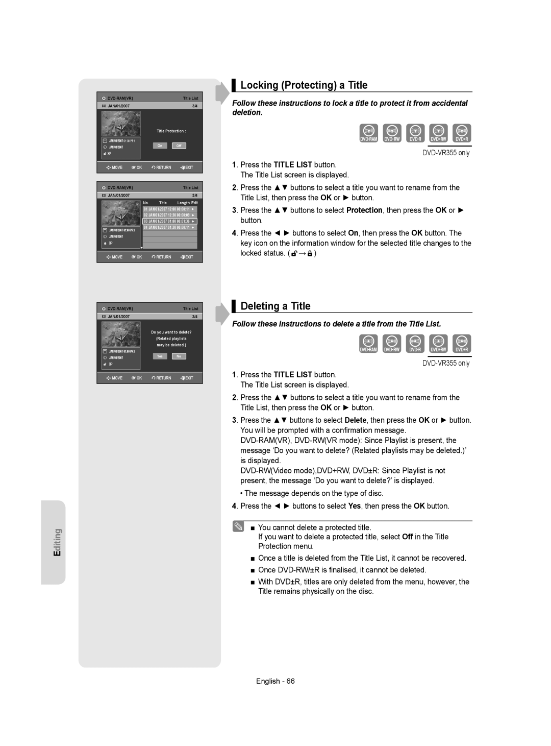 Samsung DVD-VR350/XEH manual Locking Protecting a Title, Deleting a Title 