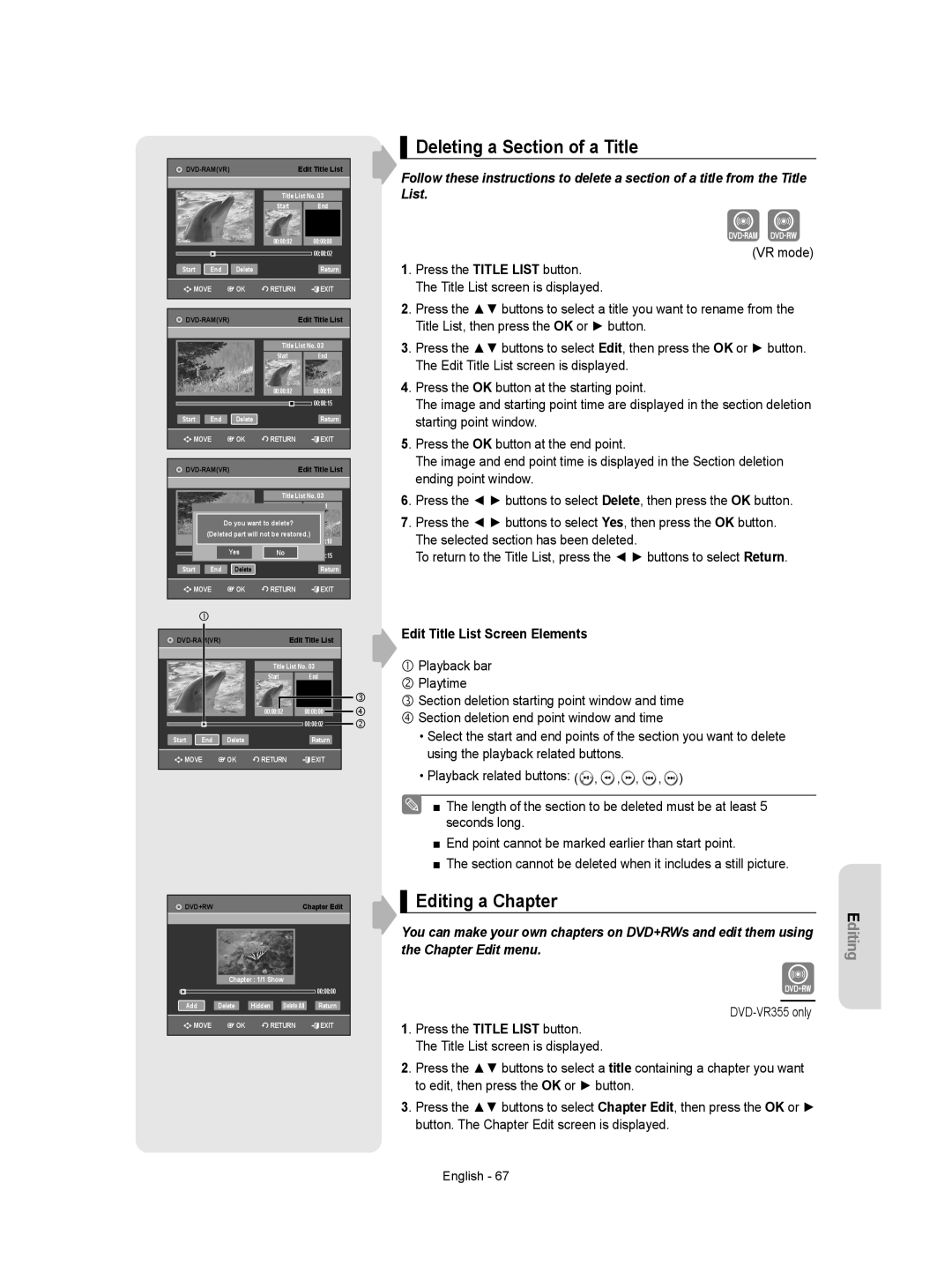 Samsung DVD-VR350/XEH manual Deleting a Section of a Title, Editing a Chapter, Edit Title List Screen Elements 