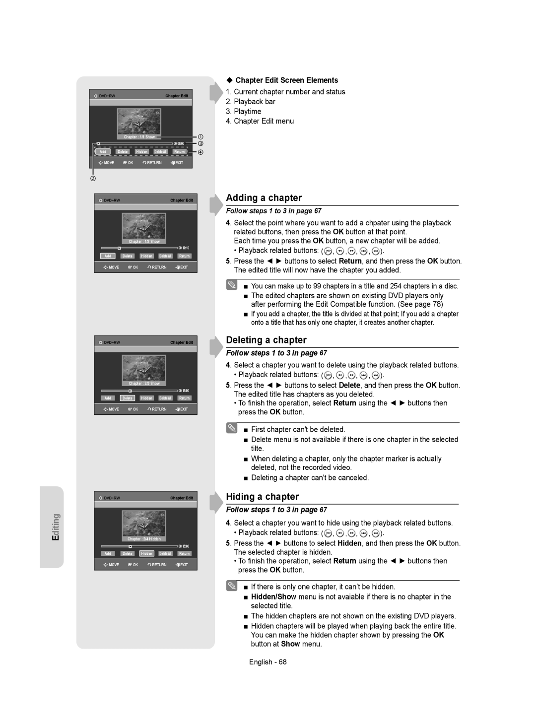 Samsung DVD-VR350/XEH manual Adding a chapter, Deleting a chapter, Hiding a chapter, ‹ Chapter Edit Screen Elements 