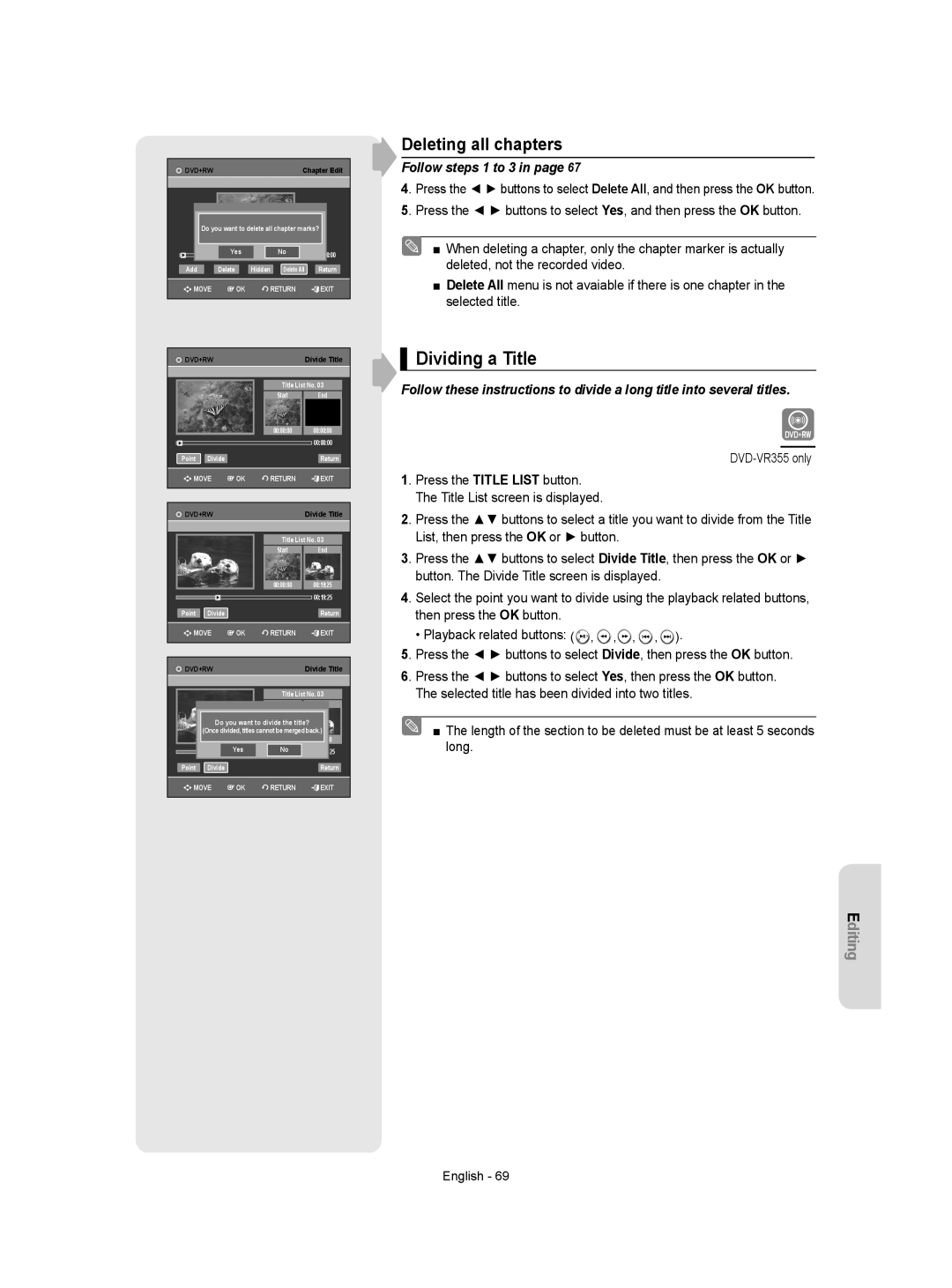 Samsung DVD-VR350/XEH manual Dividing a Title, Deleting all chapters 