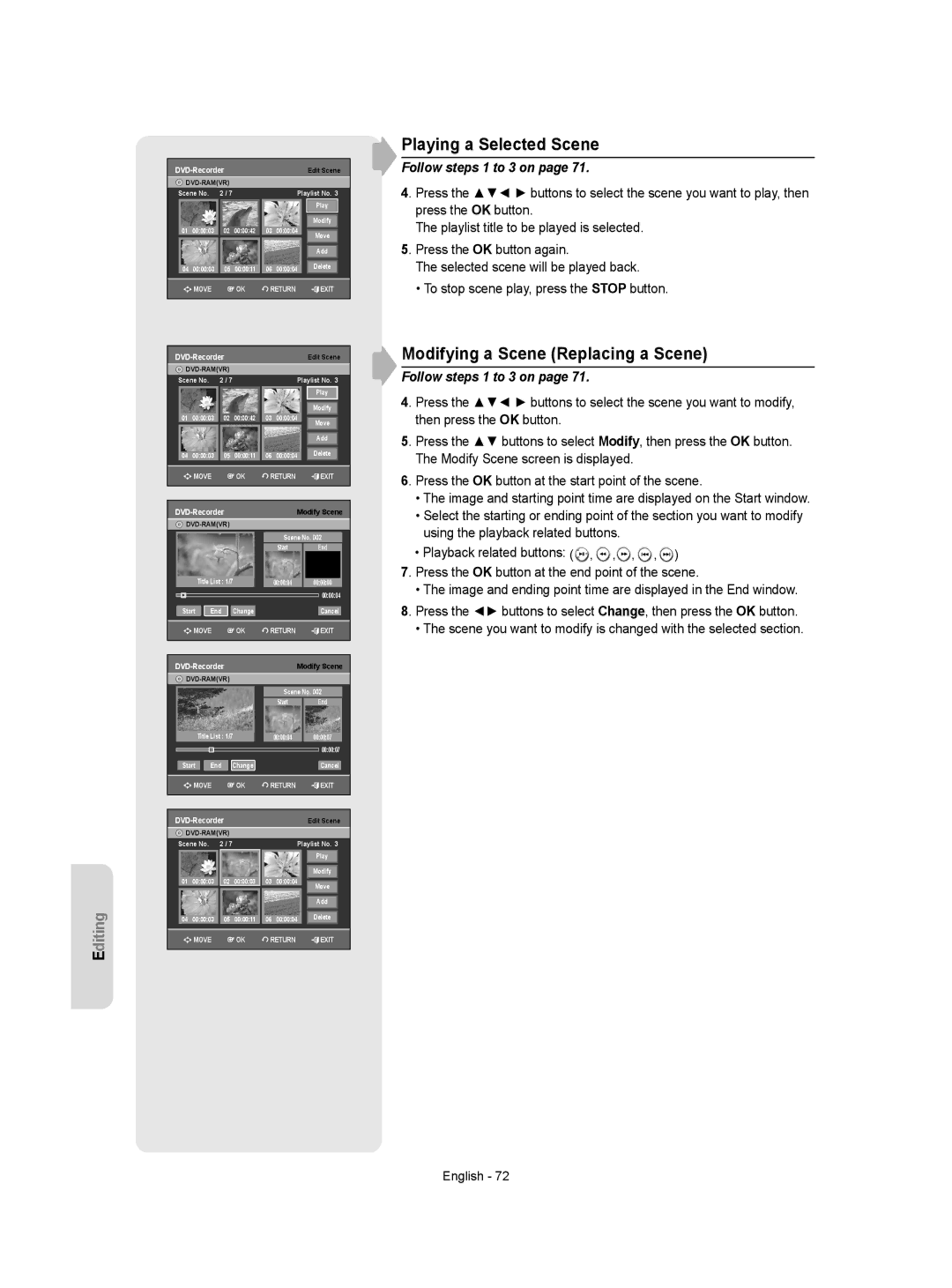 Samsung DVD-VR350/XEH manual Playing a Selected Scene, Modifying a Scene Replacing a Scene, Follow steps 1 to 3 on 