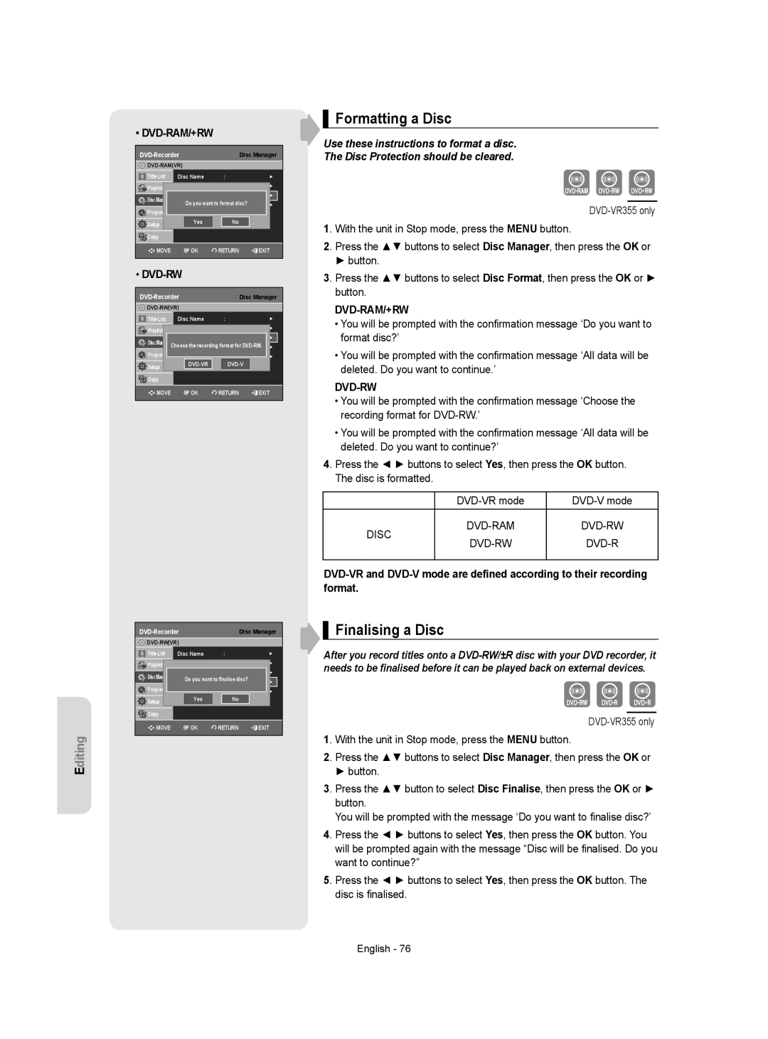 Samsung DVD-VR350/XEH manual Formatting a Disc, Finalising a Disc, Disc DVD-RAM DVD-RW 