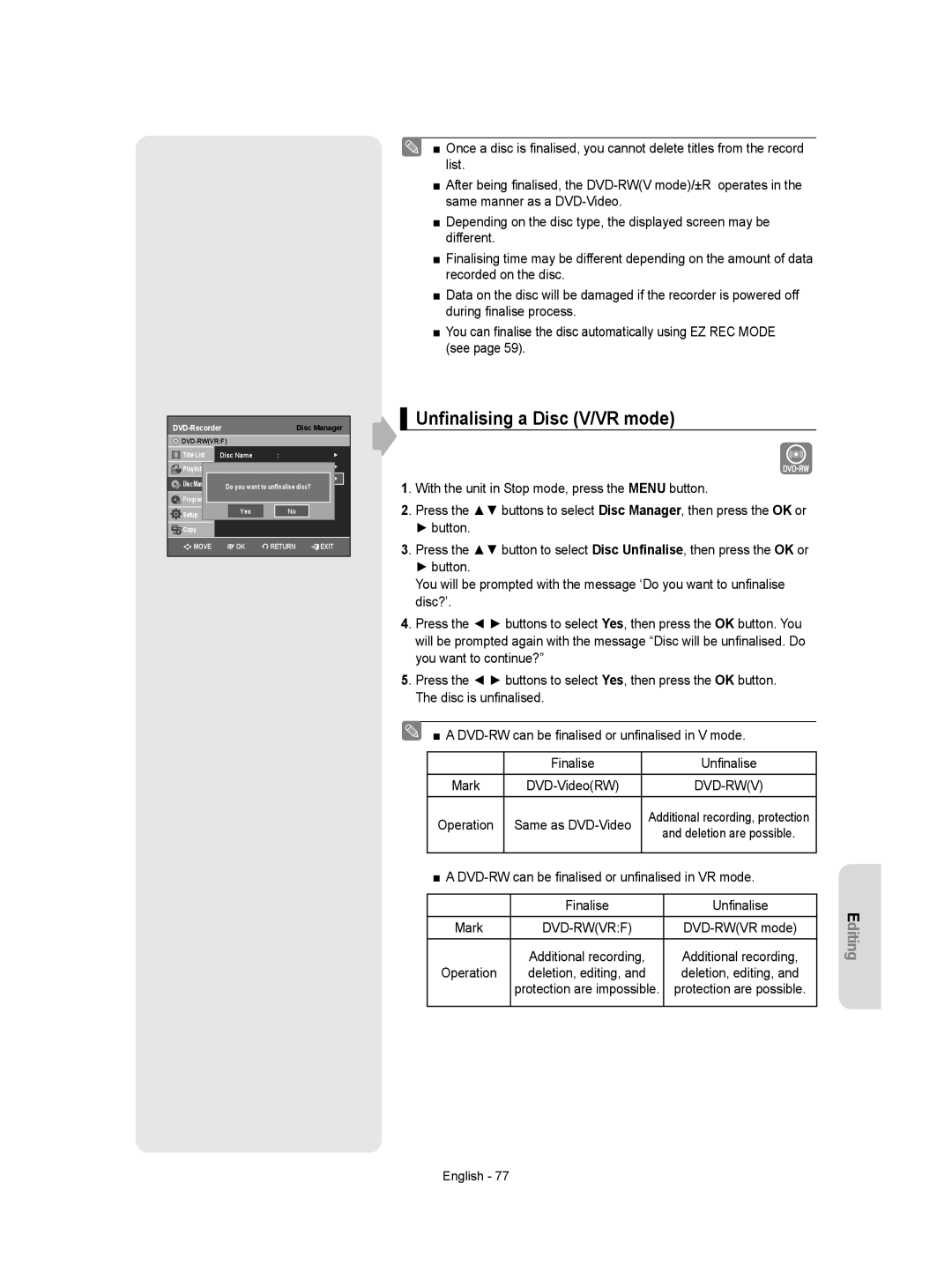 Samsung DVD-VR350/XEH manual Unﬁnalising a Disc V/VR mode, Dvd-Rwvrf 