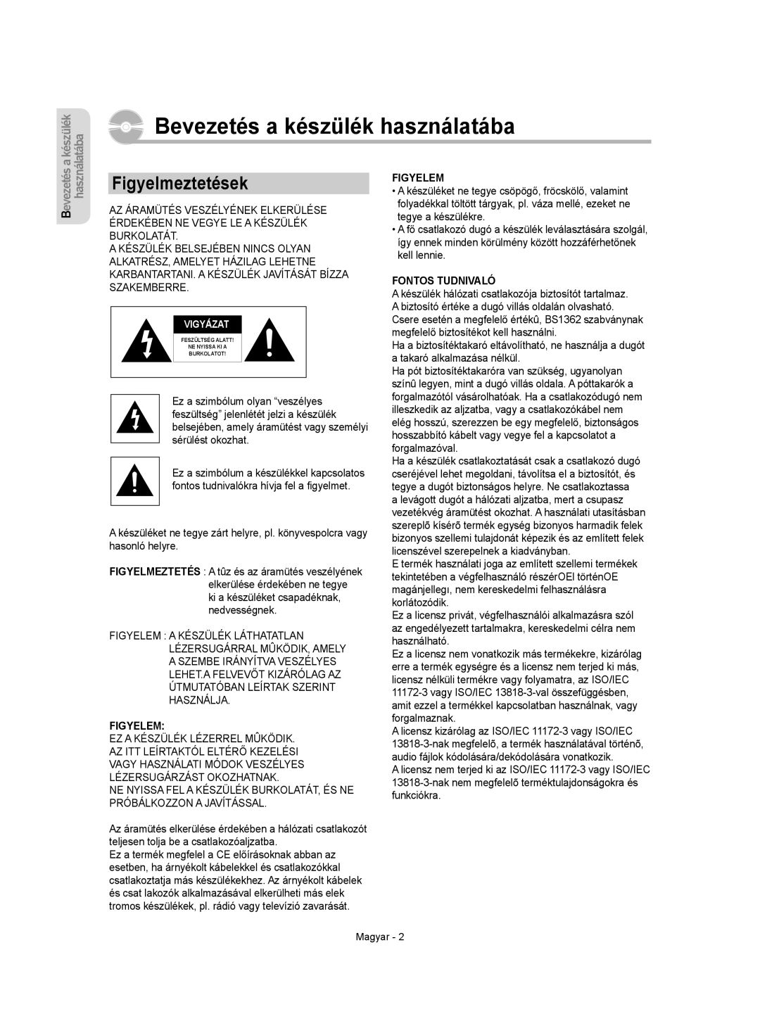 Samsung DVD-VR350/XEH manual Bevezetés a készülék használatába, Figyelmeztetések 