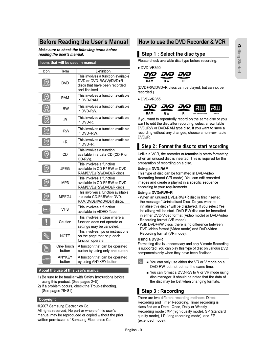 Samsung DVD-VR350/XEH manual Select the disc type, Recording, Format the disc to start recording 