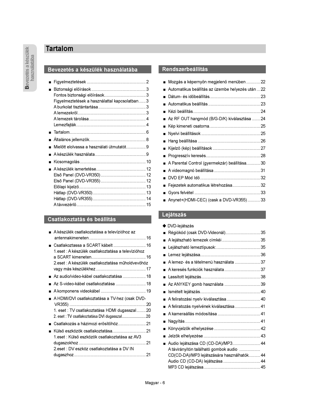 Samsung DVD-VR350/XEH manual Tartalom 