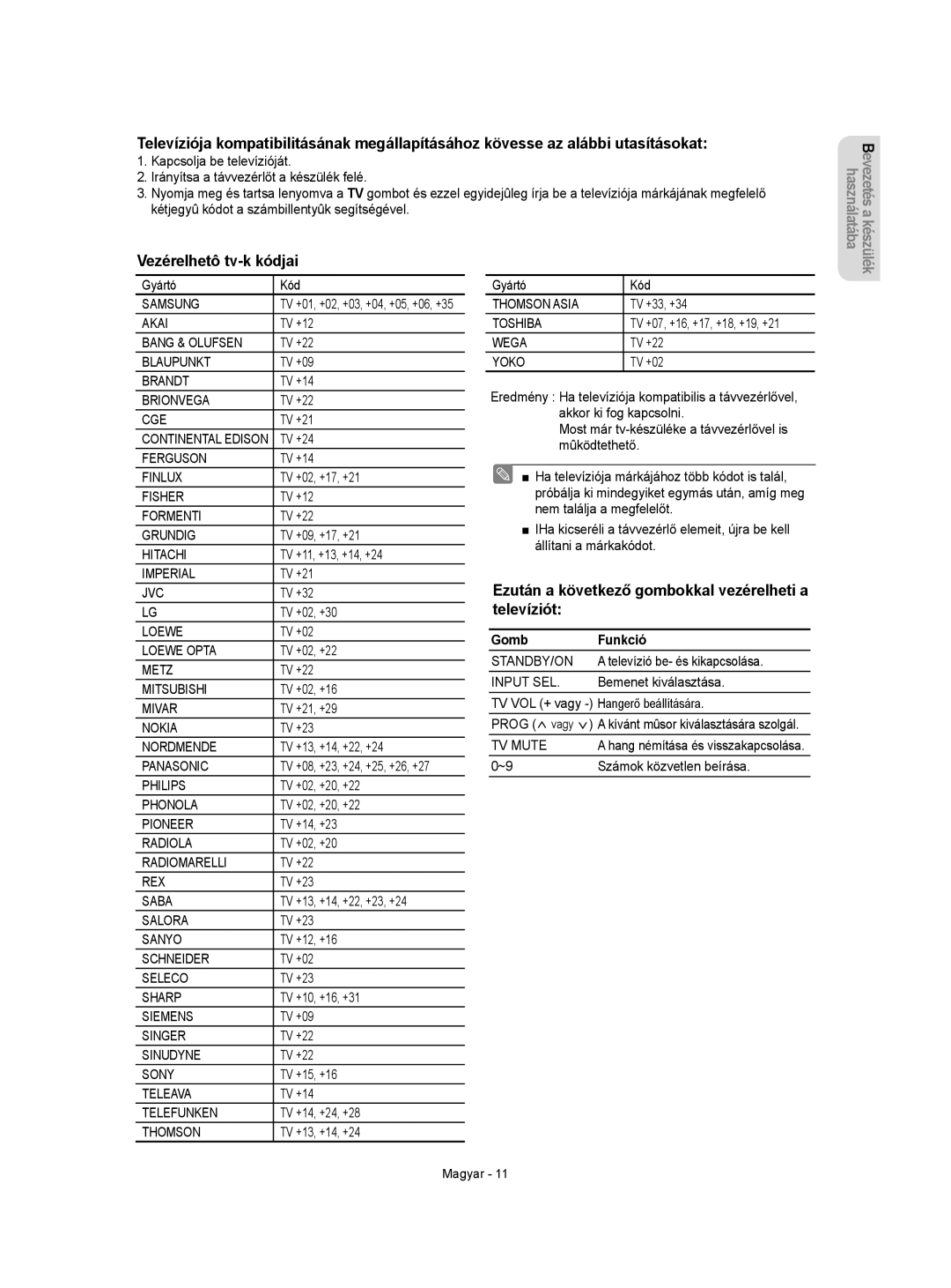 Samsung DVD-VR350/XEH manual Vezérelhetô tv-k kódjai, Ezután a következő gombokkal vezérelheti a televíziót, Gomb Funkció 