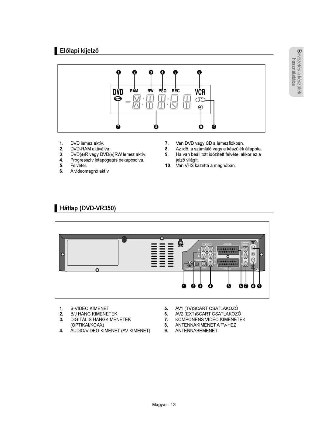 Samsung DVD-VR350/XEH manual Előlapi kijelző, Hátlap DVD-VR350 